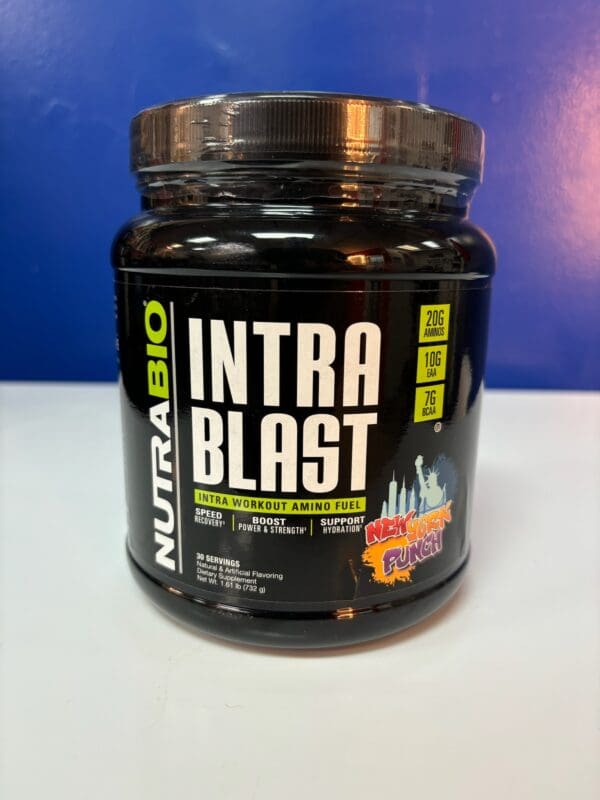 A jar of nutrabio intra blast is sitting on the counter.