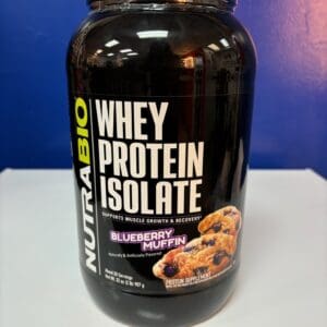 A bottle of nutrabio whey protein isolate