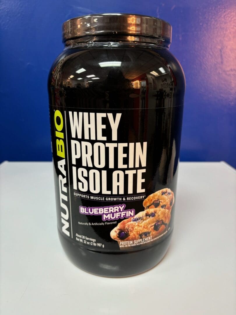 A bottle of nutrabio whey protein isolate