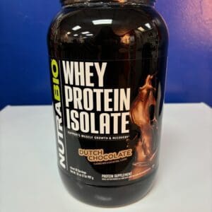 A close up of a jar of whey protein