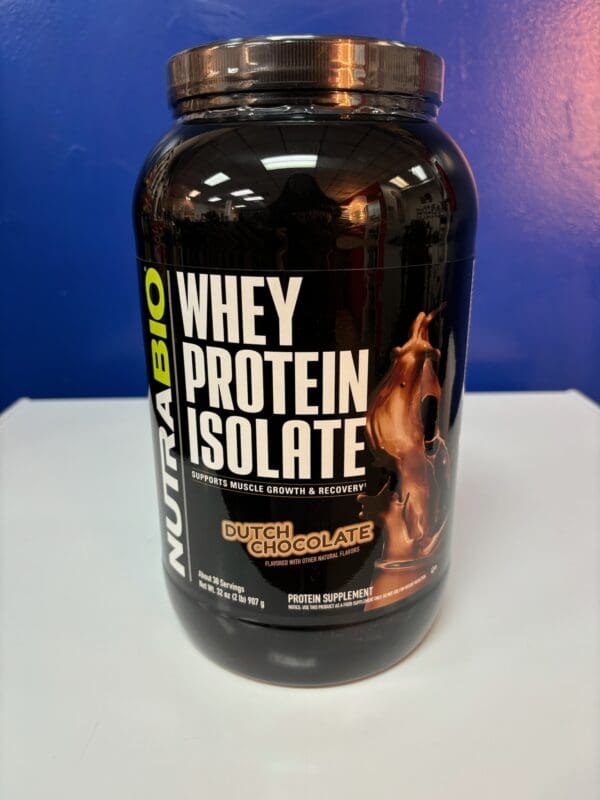 A close up of a jar of whey protein