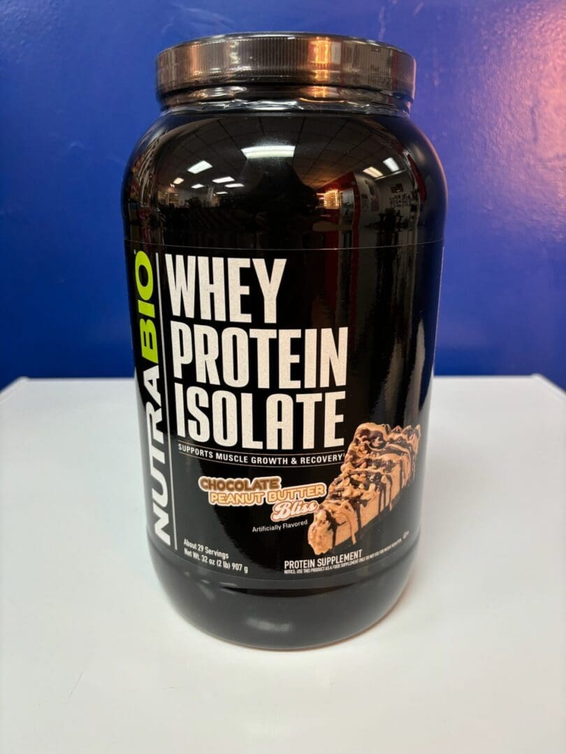 A bottle of nutrabio whey protein isolate