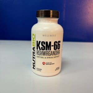 A bottle of nutrabio ksm-6 6 is sitting on the table.