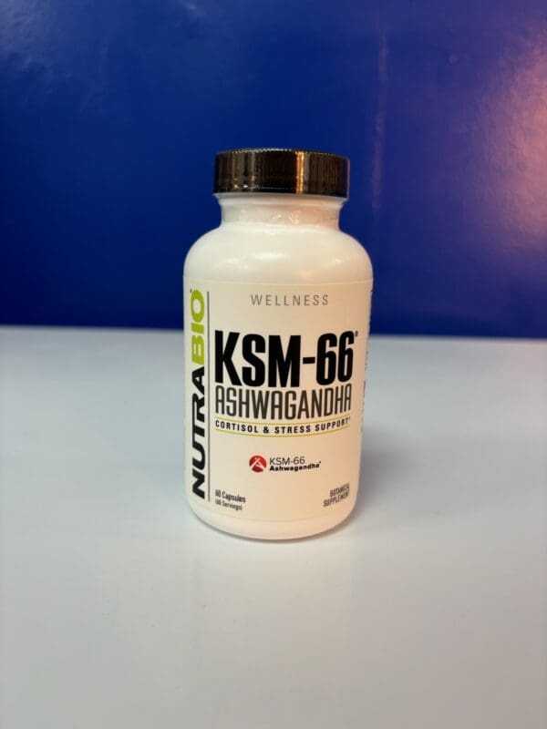 A bottle of nutrabio ksm-6 6 is sitting on the table.