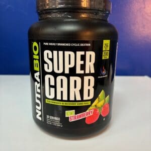 A container of nutrabio super carb is sitting on the counter.