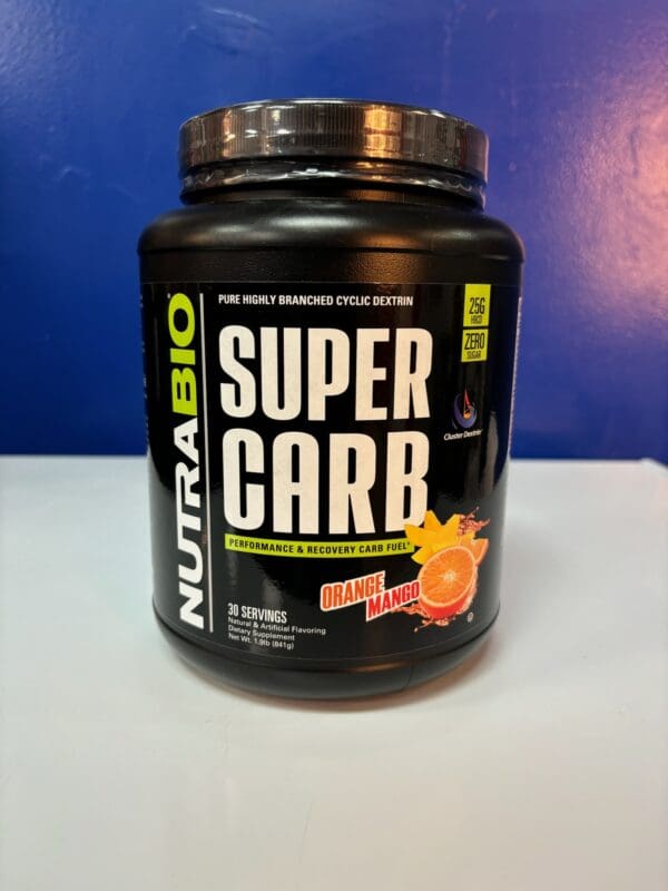 A container of nutrabio super carb is shown.