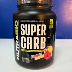 A container of super carb is shown on the counter.