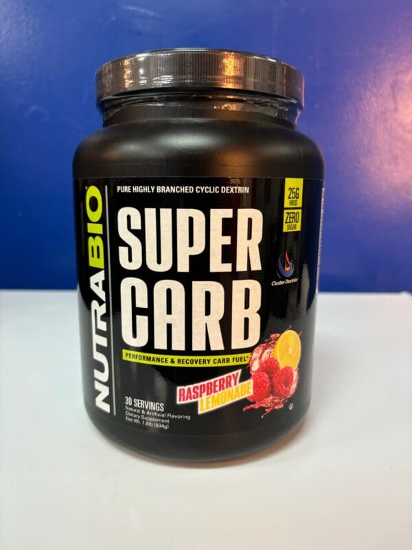 A container of super carb is shown on the counter.