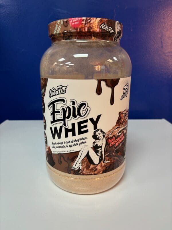 A jar of epic whey on top of a table.