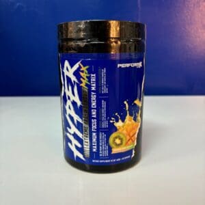 A container of hyper max is sitting on the counter.