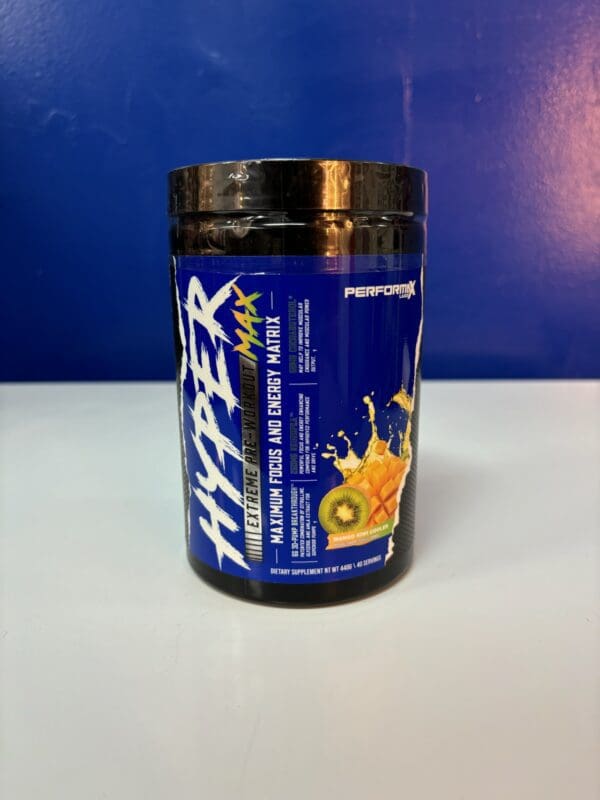 A container of hyper max is sitting on the counter.