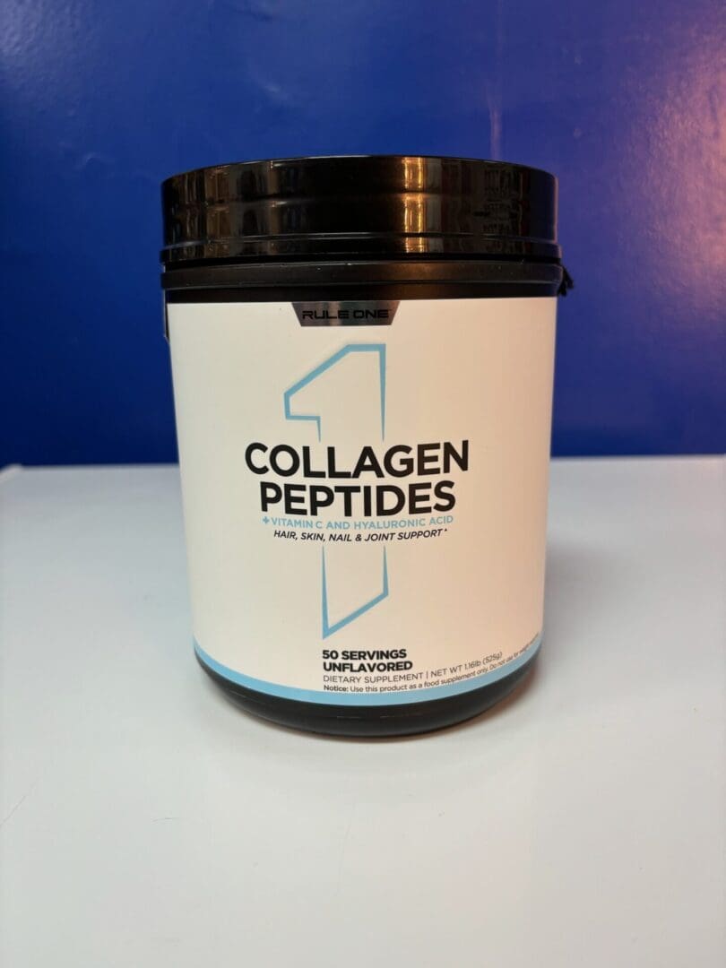 A container of collagen peptides on a table.