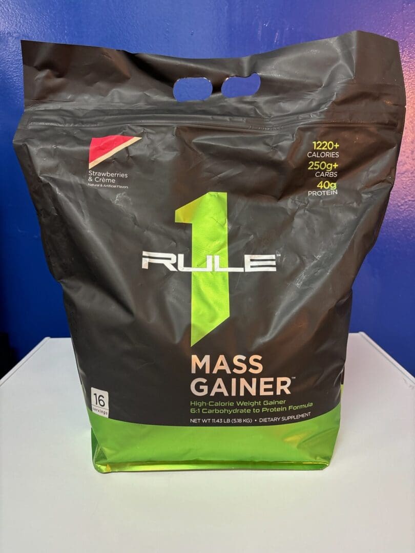 A bag of mass gainer on top of a table.