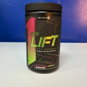 A jar of pre lift is sitting on the counter.