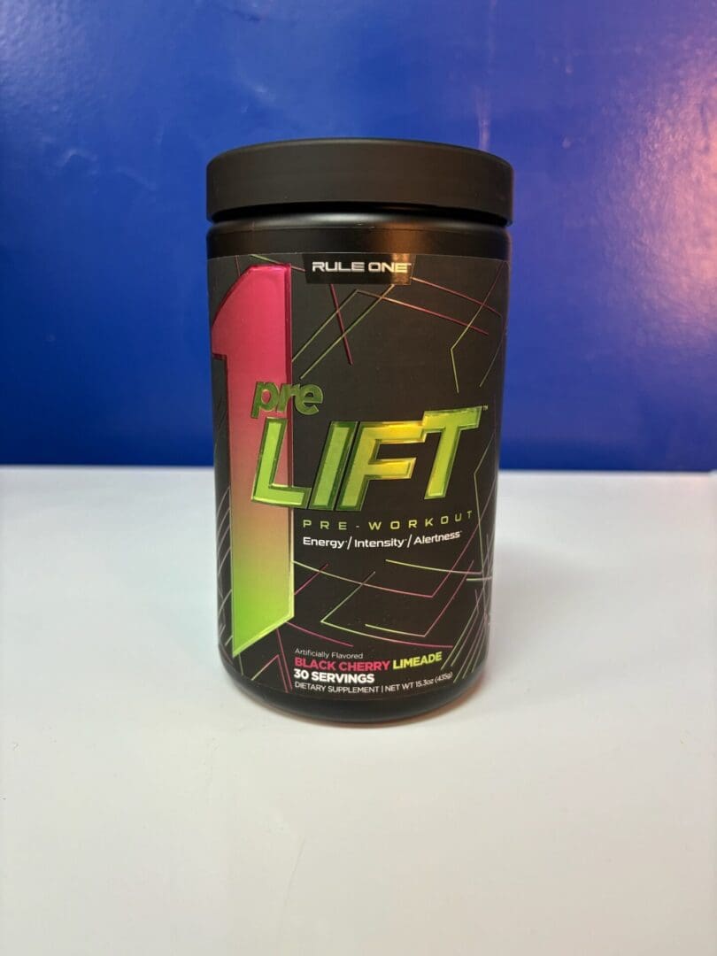 A jar of pre lift is sitting on the counter.