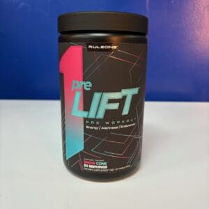 A jar of pre lift is sitting on the counter.