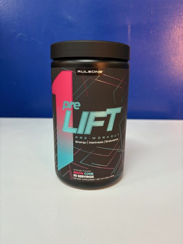 A jar of pre lift is sitting on the counter.