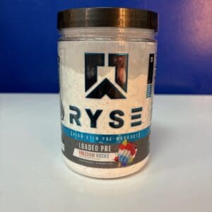 A jar of ryse protein on top of a table.