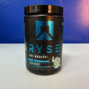 A blue and black container of ryse pre workout