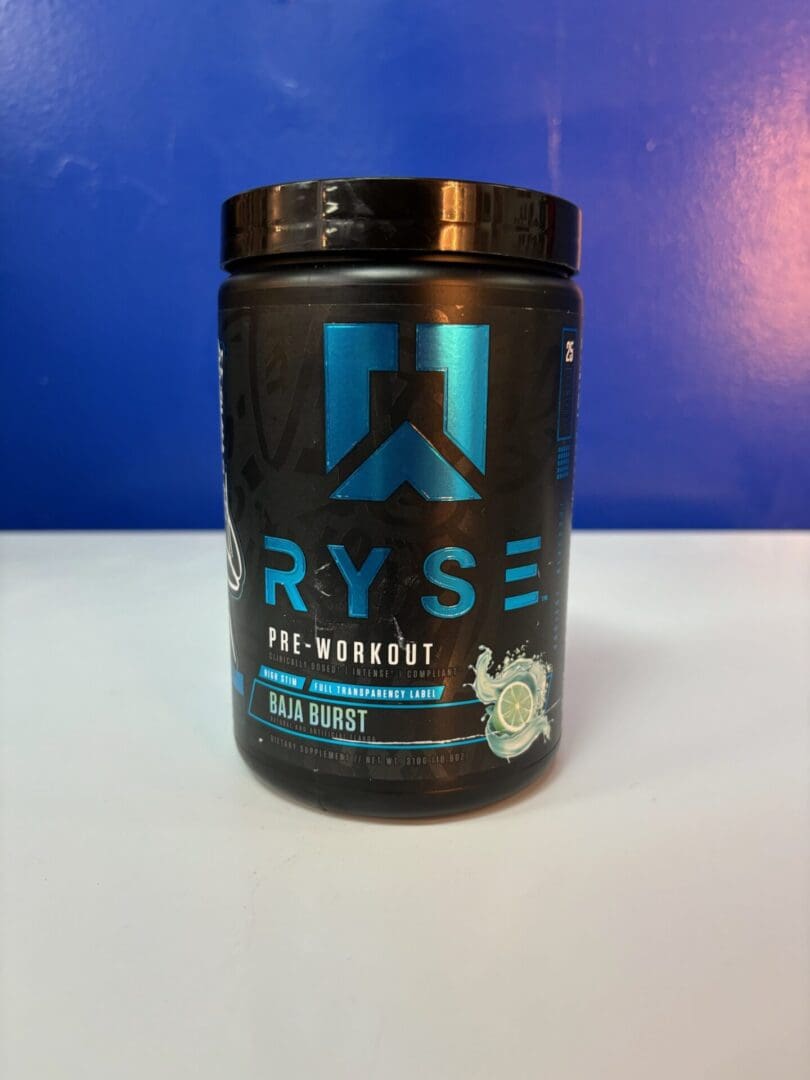 A blue and black container of ryse pre workout