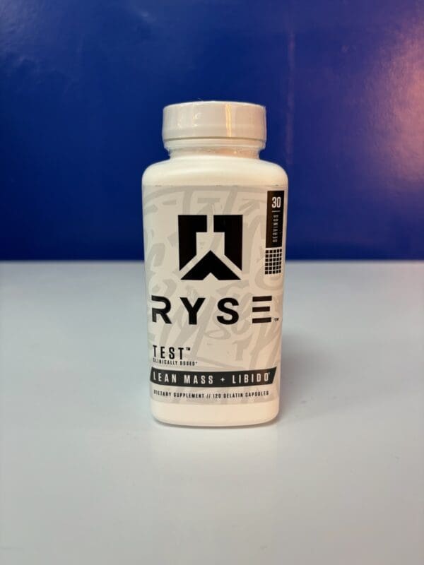 A bottle of ryse supplement on top of a table.